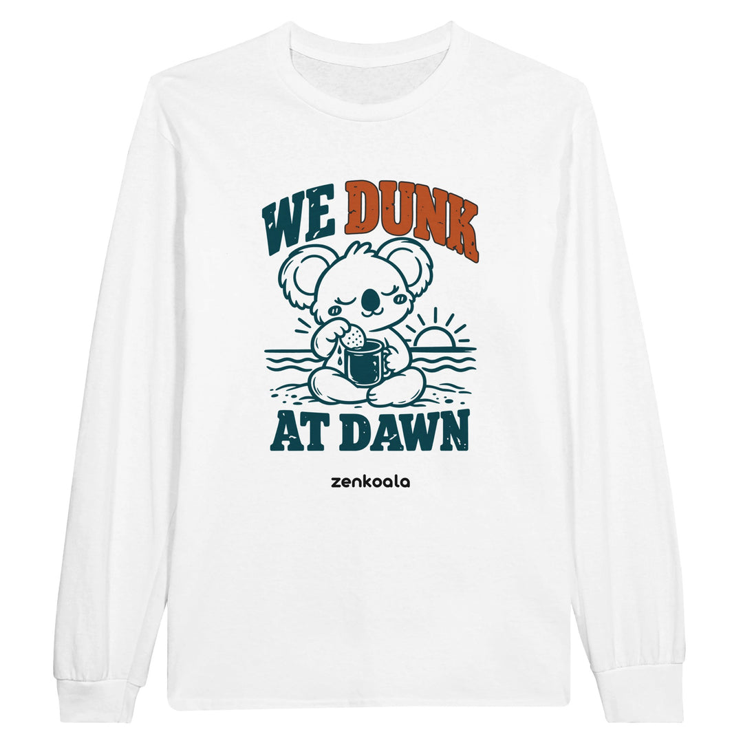 We Dunk at Dawn feel-good long sleeve tee in white, Zen Koala Australia