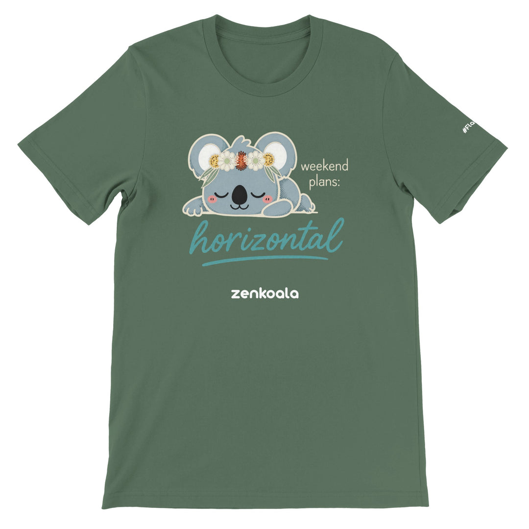 Weekend Plans Horizontal Koala feel-good tee in military green — Zen Koala Australia