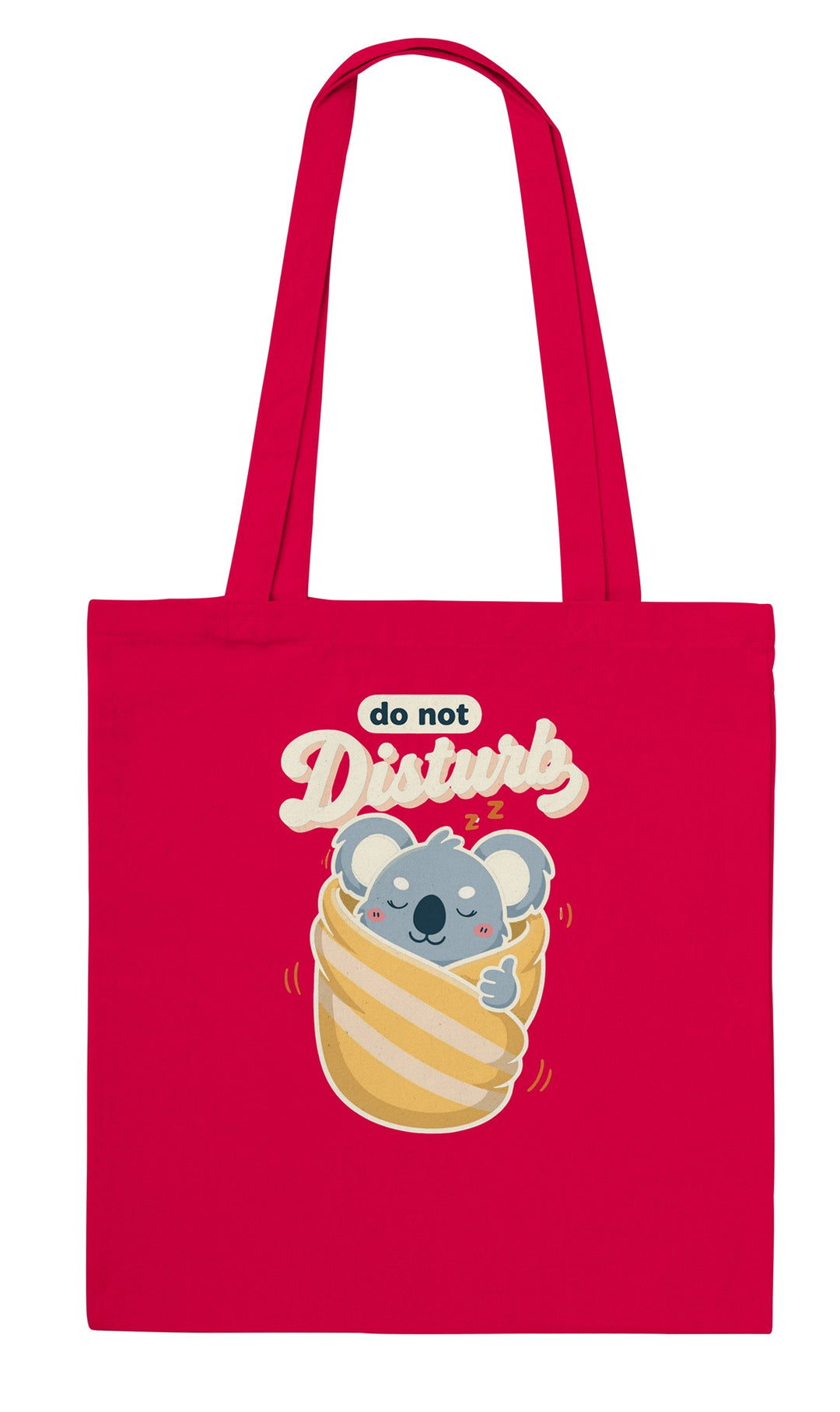 Do Not Disturb Koala feel-good tote bag in red: a koala wrapped up in a cosy blanket, Zen Koala Australia