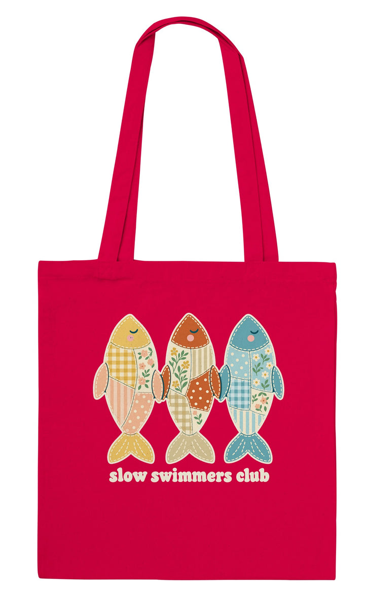 Slow Swimmers Club feel-good tote bag in red, Zen Koala Australia