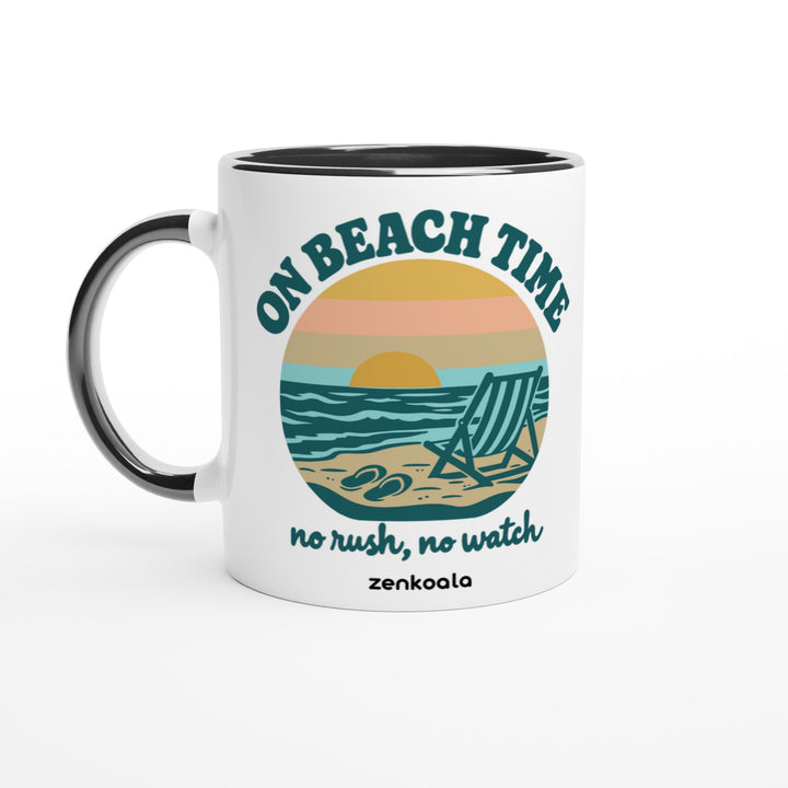On Beach Time mug in black: white with a black rim, inside and handle, Zen Koala Australia