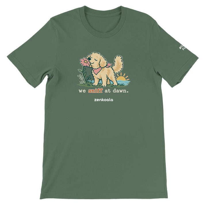 We Sniff at Dawn feel-good tee in military green, Zen Koala Australia