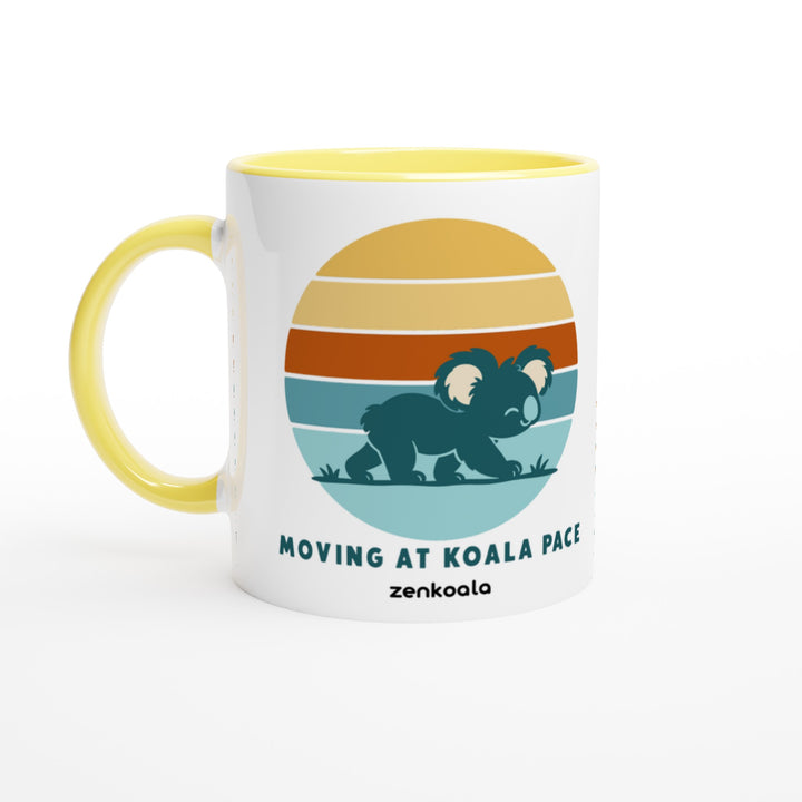Moving at Koala Pace mug in yellow: white with a yellow rim, inside and handle, Zen Koala Australia