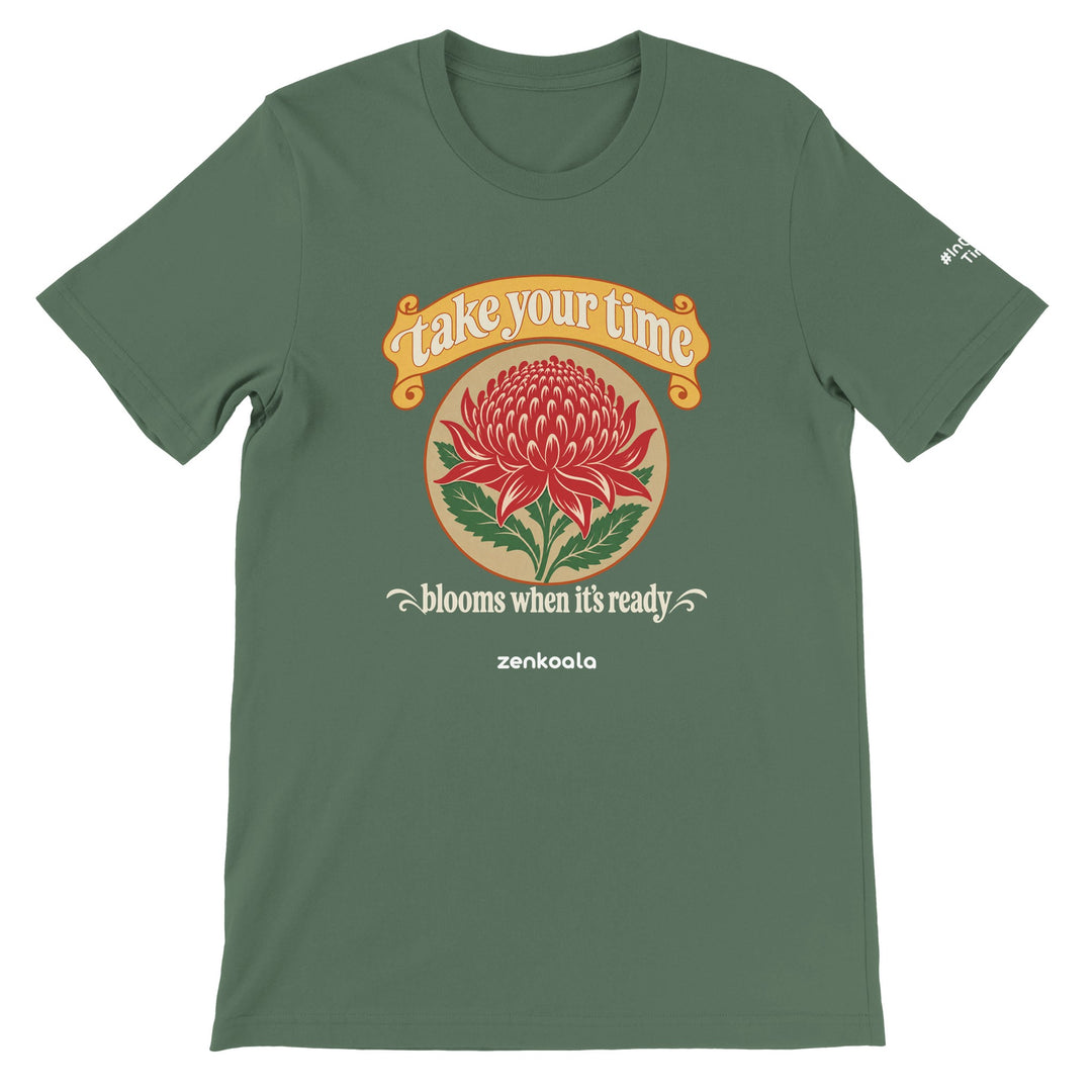 Take Your Time feel-good tee in military green: a waratah in bloom, Zen Koala Australia