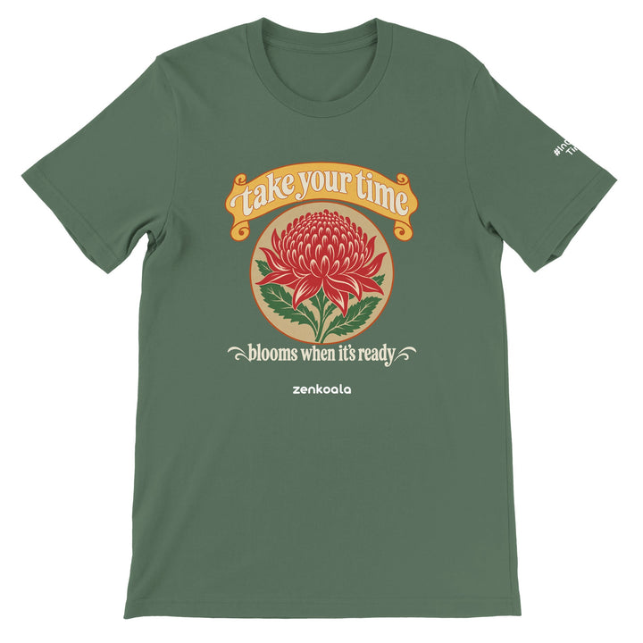 Take Your Time feel-good tee in military green: a waratah in bloom, Zen Koala Australia