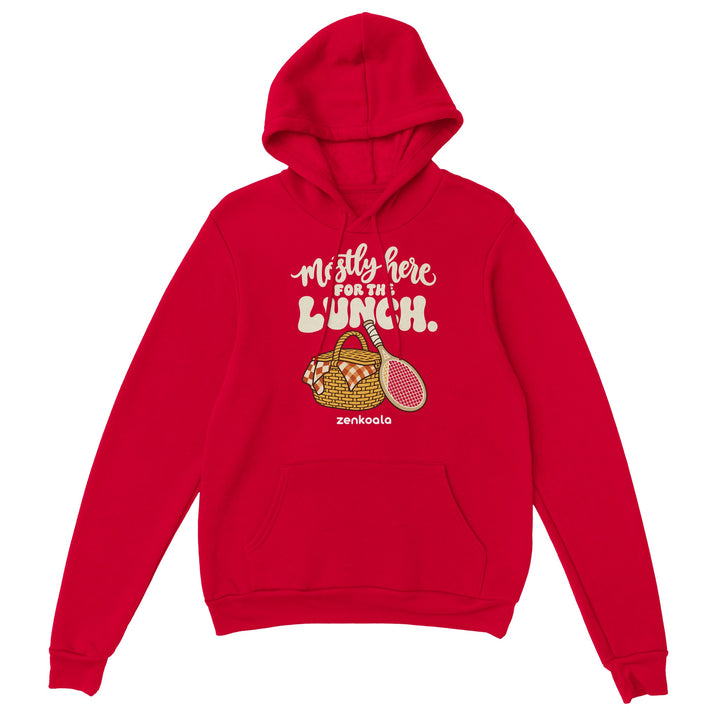 Mostly Here for the Lunch feel-good hoodie in red, Zen Koala Australia