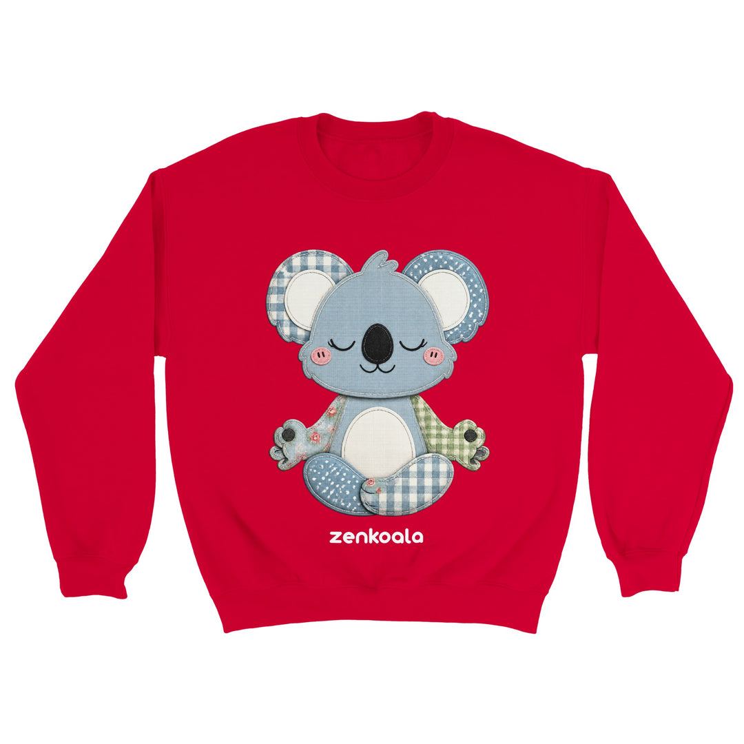 Faux Patchwork Meditating Koala feel-good sweatshirt in Red — Zen Koala Australia
