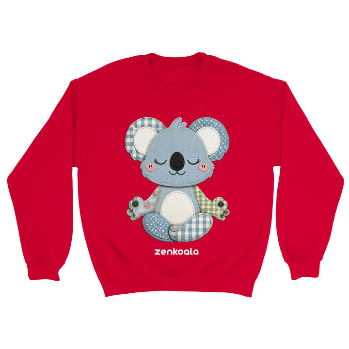 Faux Patchwork Meditating Koala feel-good sweatshirt in Red — Zen Koala Australia