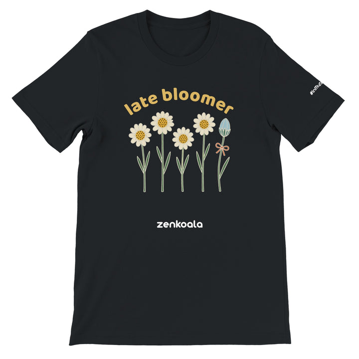 Late Bloomer feel-good tee in black — retro daisies and one bud taking its time, Zen Koala Australia