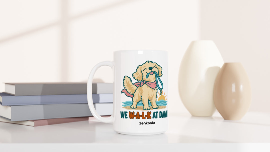 We Walk at Dawn 15oz mug beside books and vases, Zen Koala Australia