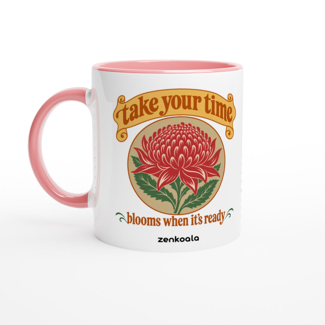 Take Your Time mug in pink: white with a pink rim, inside and handle, Zen Koala Australia