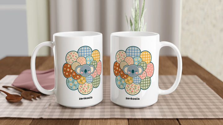 Two Zen Mandala Flower 15oz mugs on a table, showing both sides of the design, Zen Koala Australia