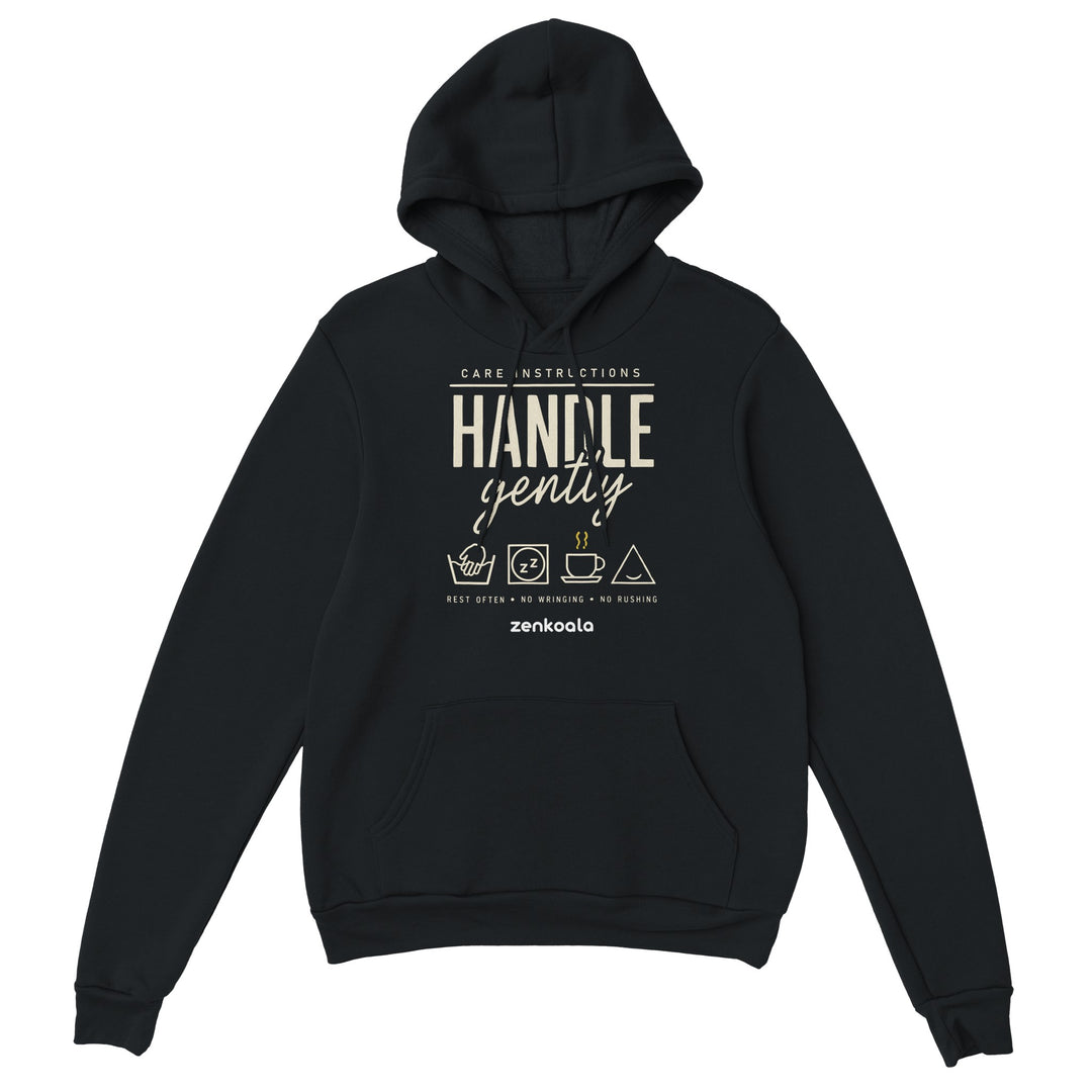 Handle Gently Care Instructions feel-good hoodie in black, Zen Koala Australia