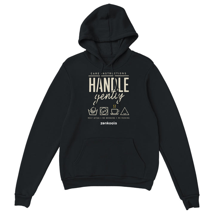 Handle Gently Care Instructions feel-good hoodie in black, Zen Koala Australia