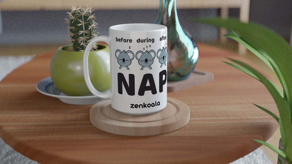 Before Nap Nap After Nap Koala 15oz mug on a wooden table with a cactus, Zen Koala Australia