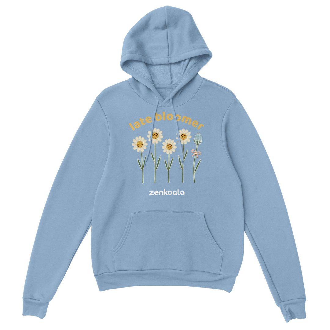 Late Bloomer feel-good hoodie in Light Blue — retro daisies and one bud taking its time, Zen Koala Australia