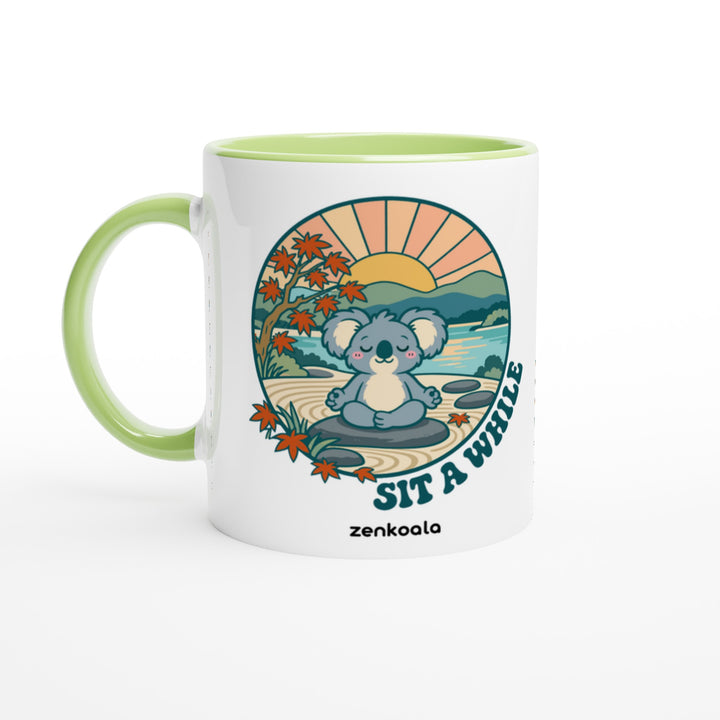 Sit a While mug in green: white with a green rim, inside and handle, Zen Koala Australia