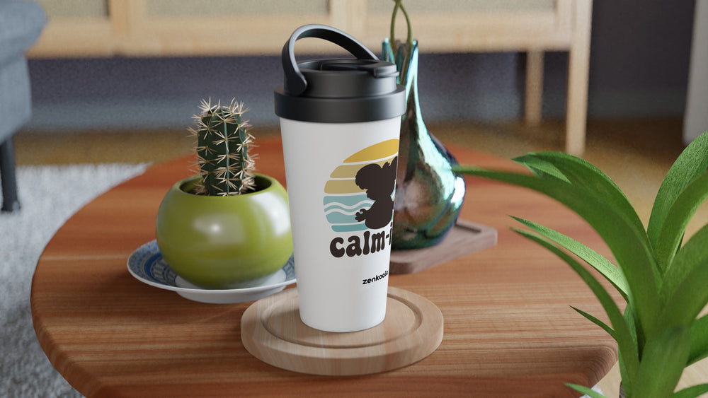 Calm-ish Retro Sunset Koala travel mug on a wooden table with a cactus, Zen Koala Australia