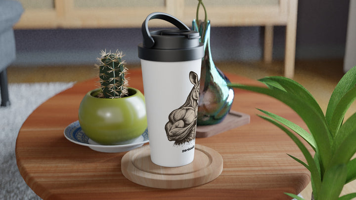 Buff Roo Teacup travel mug on a wooden table with a cactus, Zen Koala Australia
