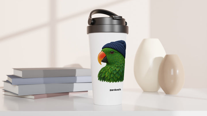 Parrot Beanie travel mug beside books and vases, Zen Koala Australia