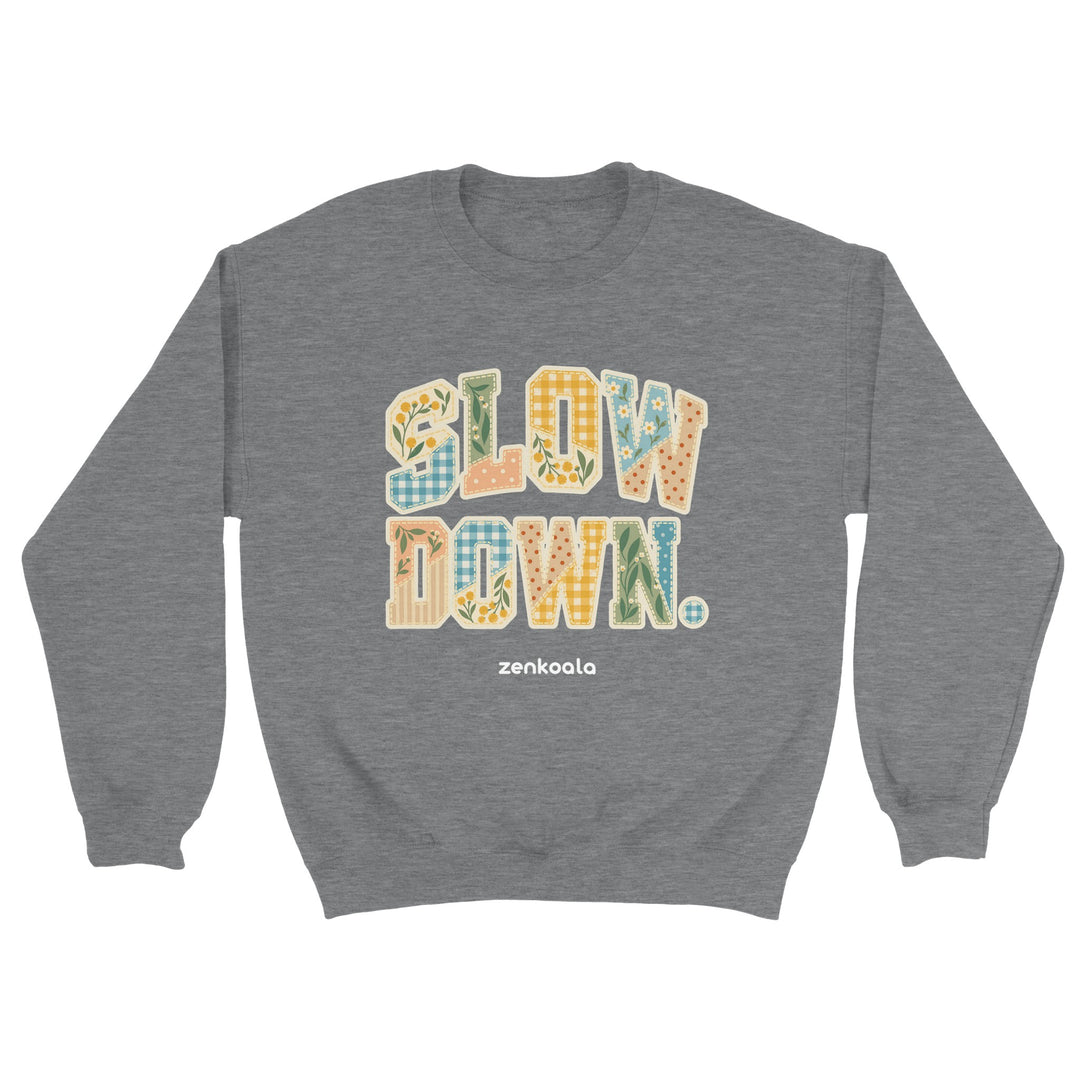 Slow Down Faux Patchwork feel-good sweatshirt in sport grey, Zen Koala Australia