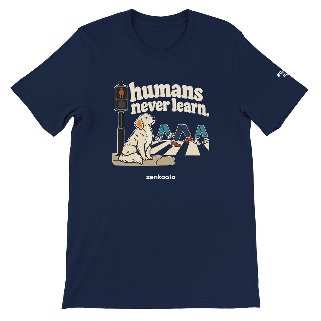 Humans Never Learn feel-good tee in navy, Zen Koala Australia