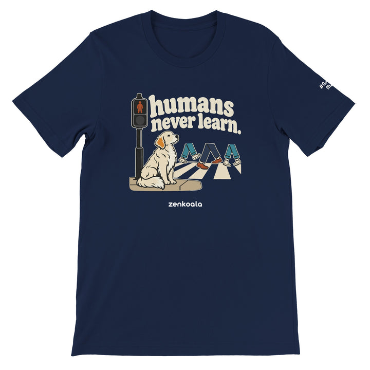 Humans Never Learn feel-good tee in navy, Zen Koala Australia