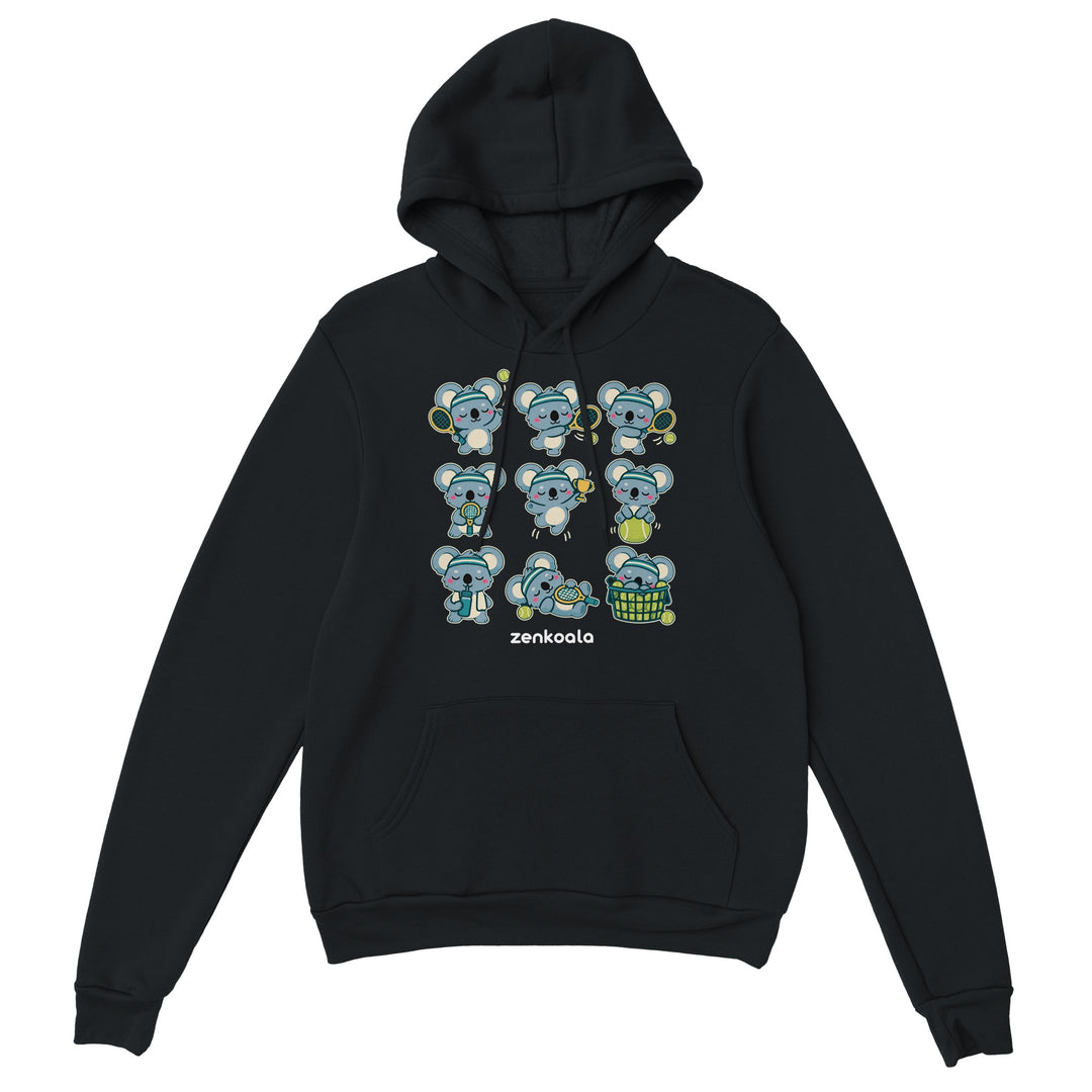 Tennis Koalas feel-good hoodie in black, Zen Koala Australia