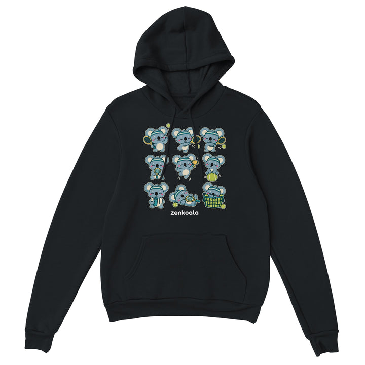 Tennis Koalas feel-good hoodie in black, Zen Koala Australia