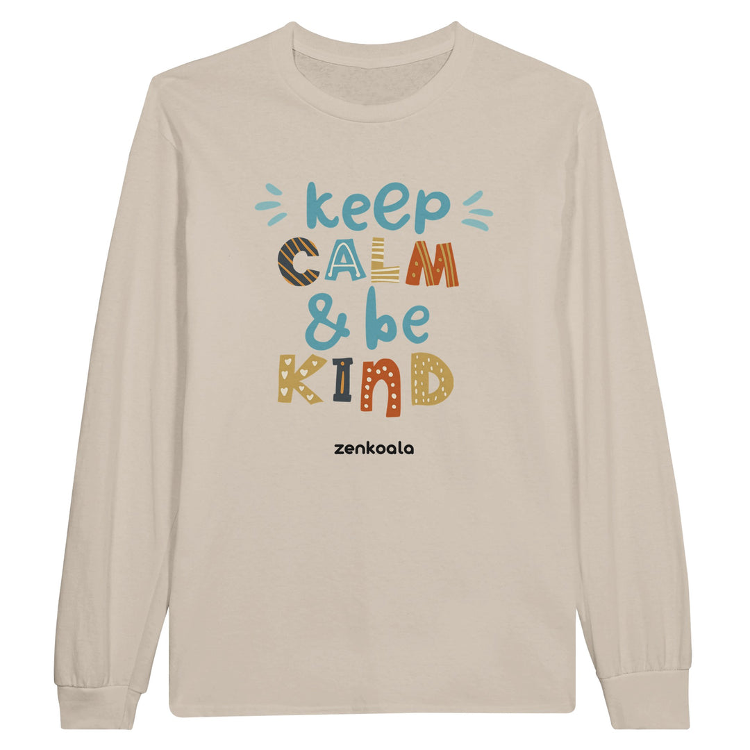 Keep Calm, Be Kind feel-good long sleeve tee in sand, Zen Koala Australia