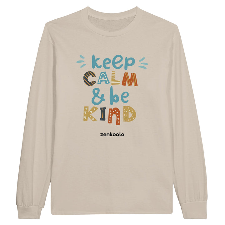 Keep Calm, Be Kind feel-good long sleeve tee in sand, Zen Koala Australia