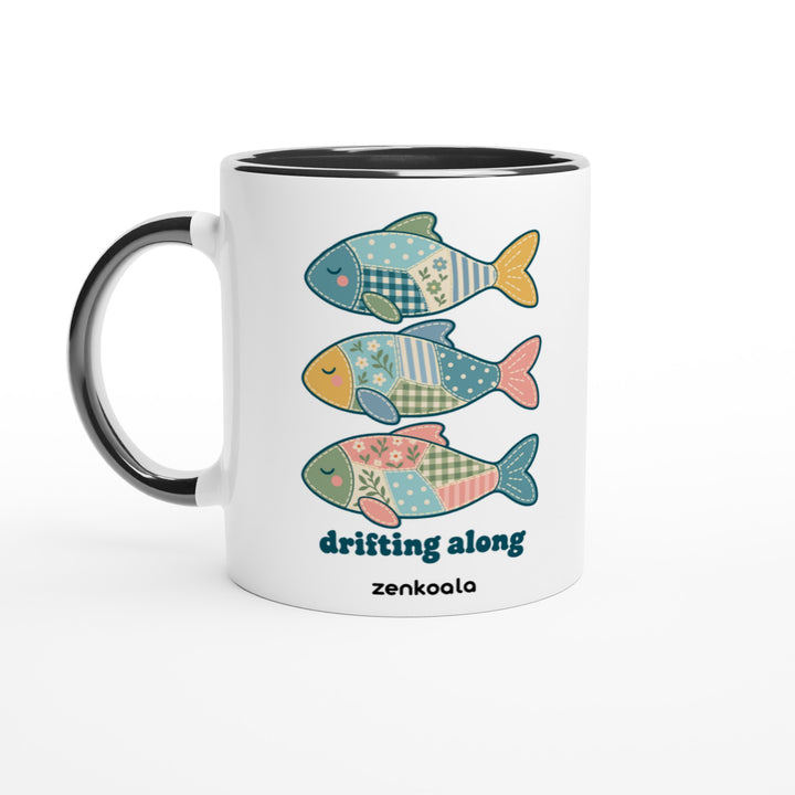 Drifting Along Fish mug in black: white with a black rim, inside and handle, Zen Koala Australia