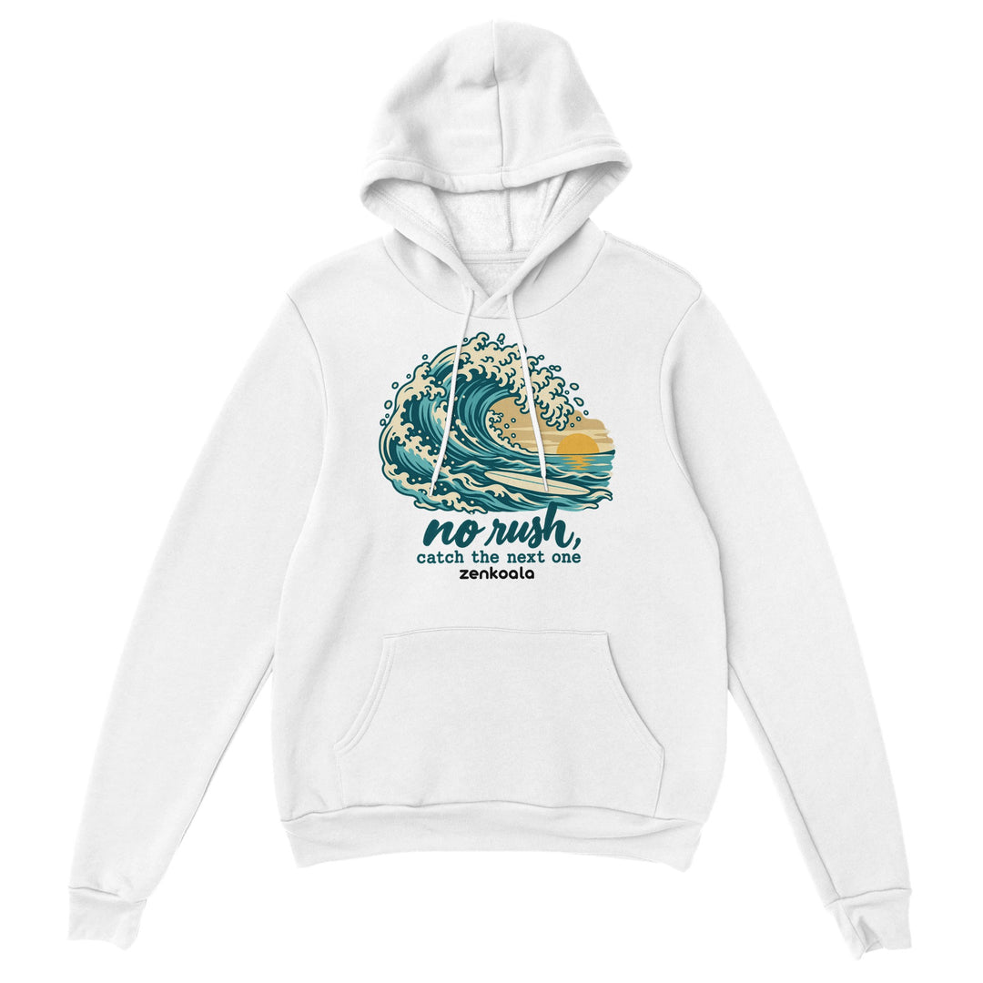 No Rush Catch the Next One feel-good hoodie in white, Zen Koala Australia
