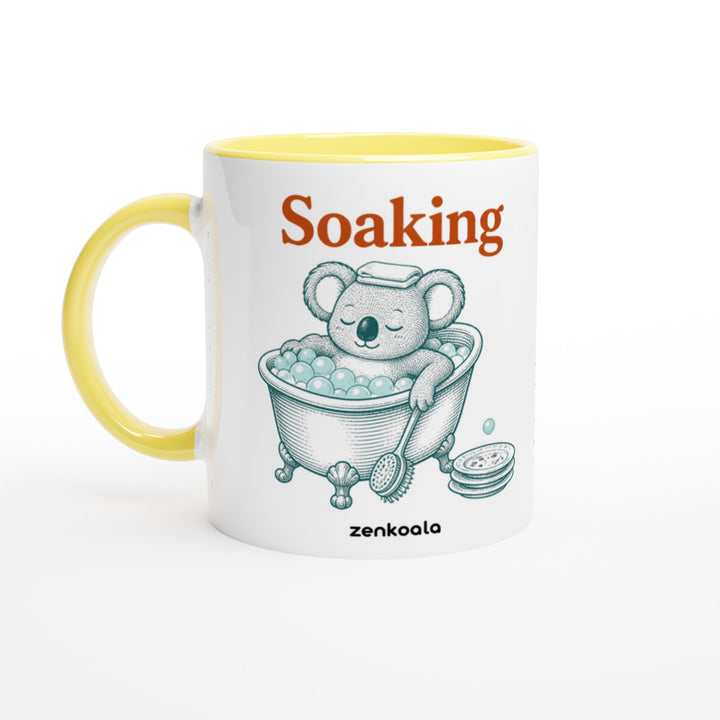 Soaking Koala Bath mug in yellow: white with a yellow rim, inside and handle, Zen Koala Australia