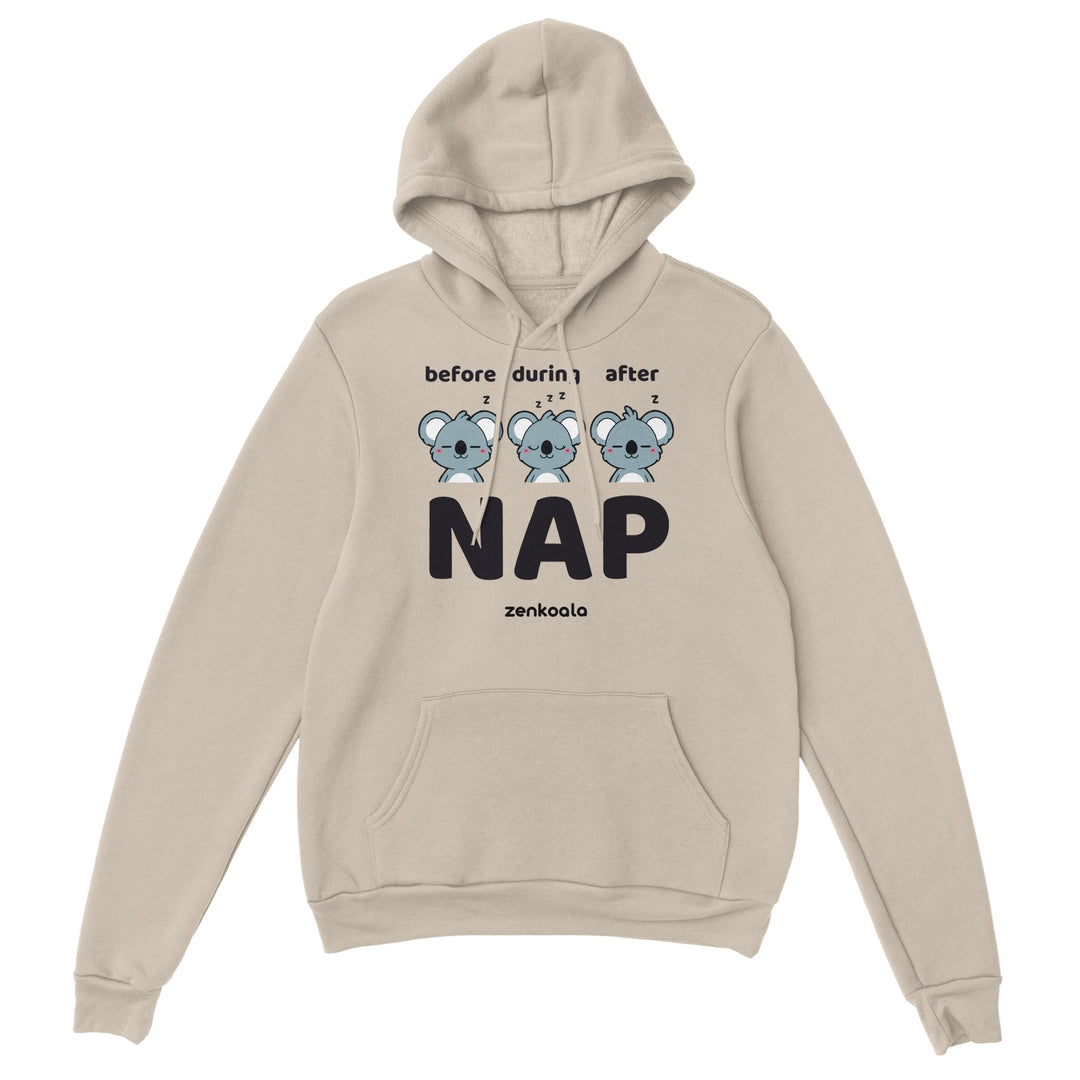 Before Nap Nap After Nap Koala feel-good hoodie in sand: three koalas before, during and after a nap, Zen Koala Australia
