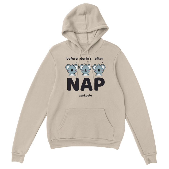 Before Nap Nap After Nap Koala feel-good hoodie in sand: three koalas before, during and after a nap, Zen Koala Australia