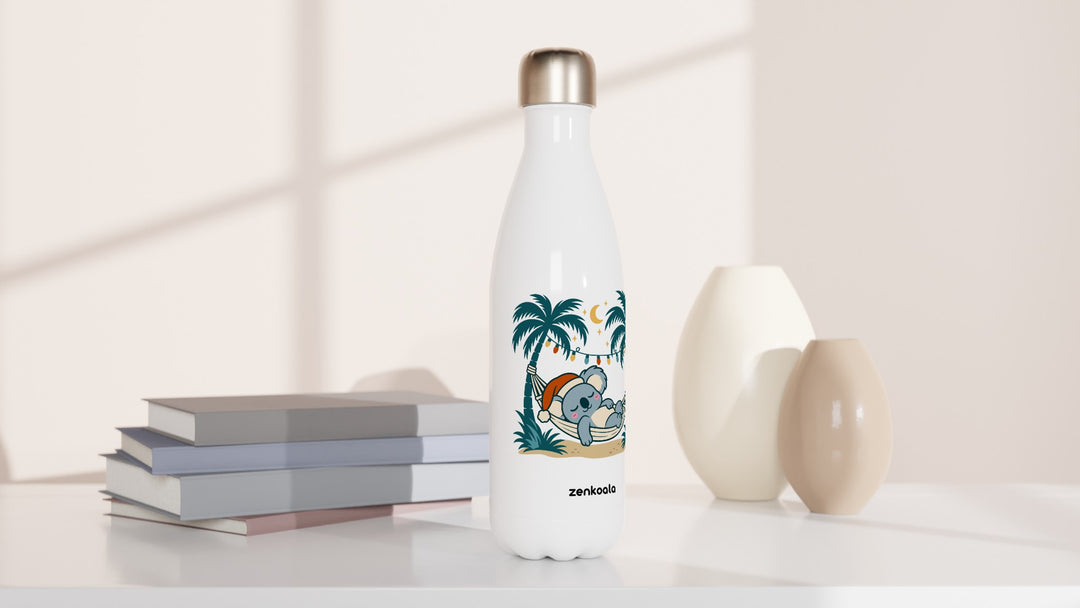 Koala Santa Hammock water bottle beside books and vases, Zen Koala Australia