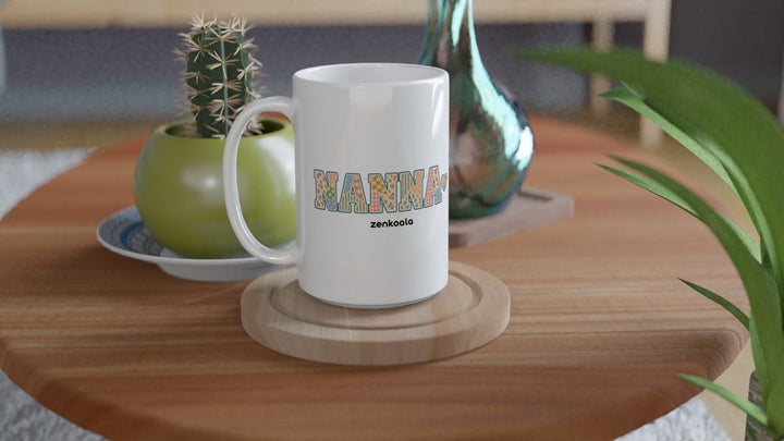 Nanna Faux Patchwork 15oz mug on a wooden table with a cactus, Zen Koala Australia