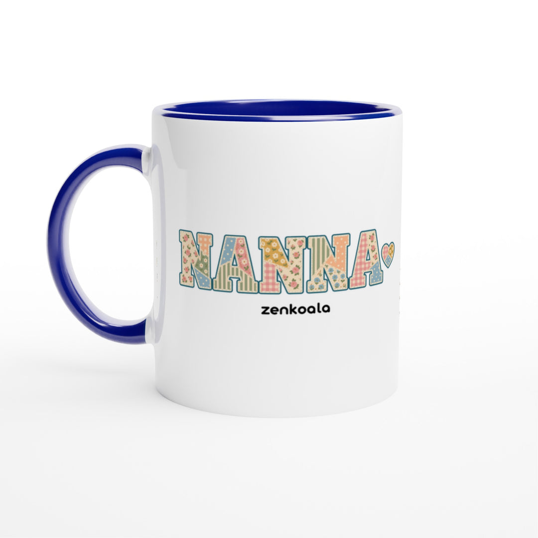 Nanna Faux Patchwork mug in blue: white with a blue rim, inside and handle, Zen Koala Australia