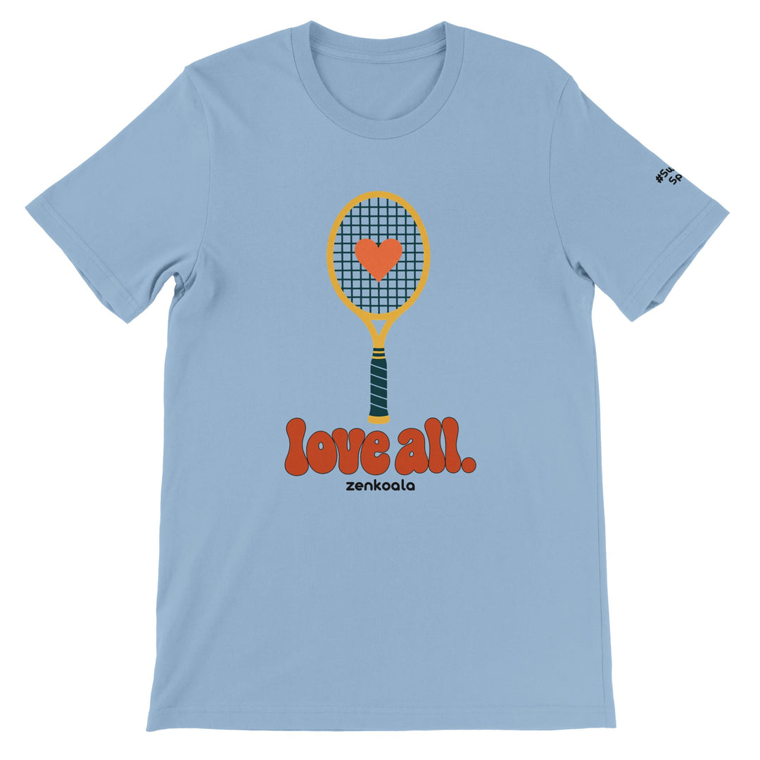 Love All feel-good tee in light blue: a racquet with a heart, Zen Koala Australia