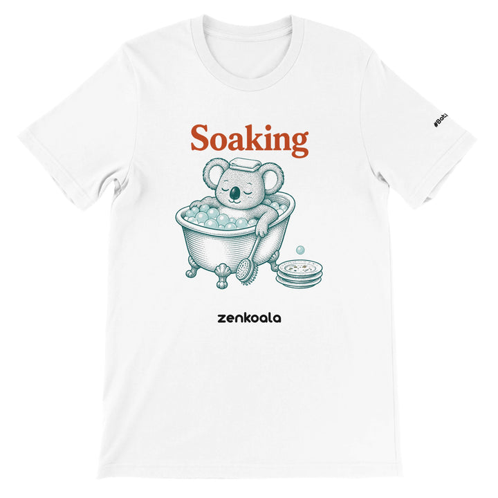 Soaking feel-good tee in white — a vintage engraved koala relaxing in a bubble bath, Zen Koala Australia
