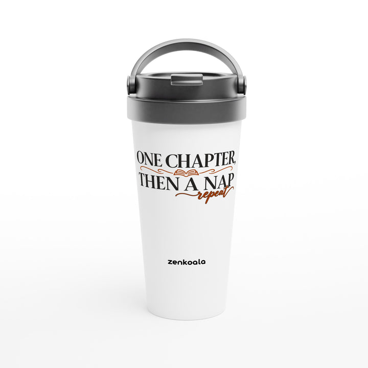 One Chapter Then a Nap feel-good travel mug: classic book lettering with an open book, Zen Koala Australia
