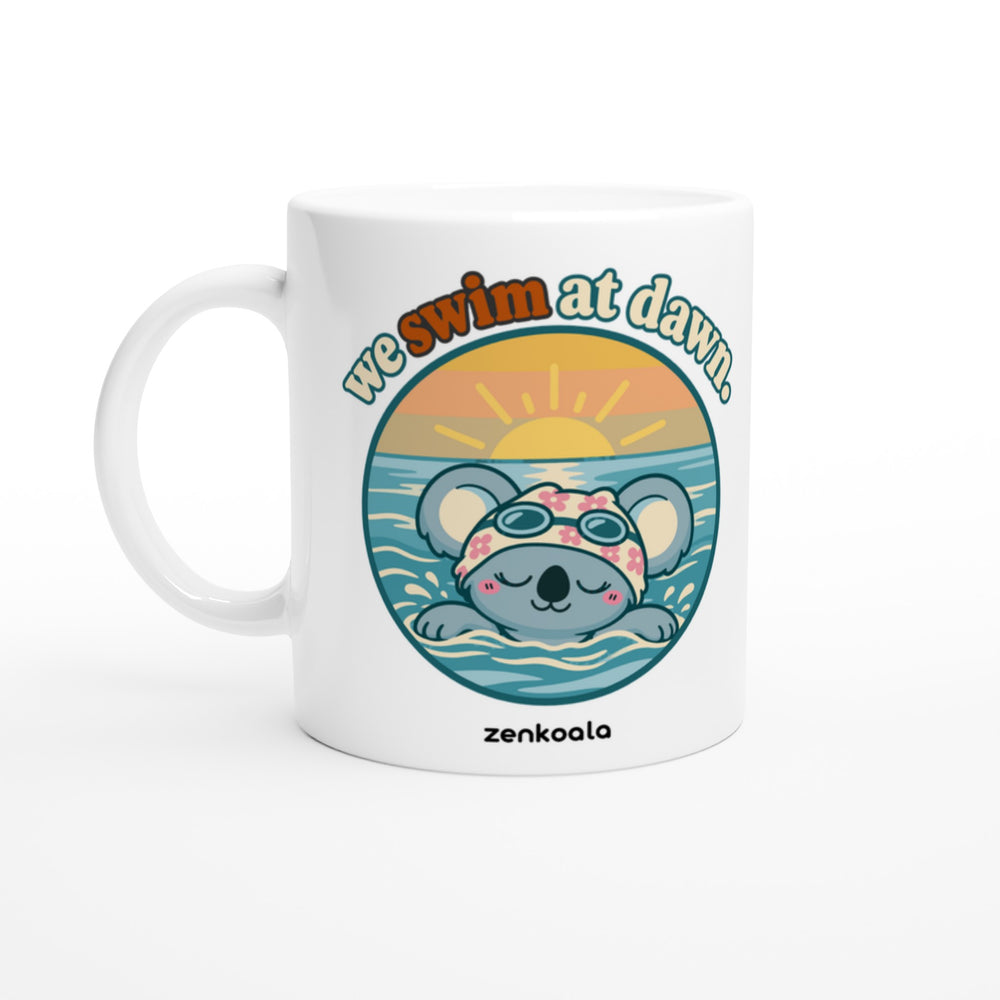 We Swim at Dawn mug in all white, Zen Koala Australia