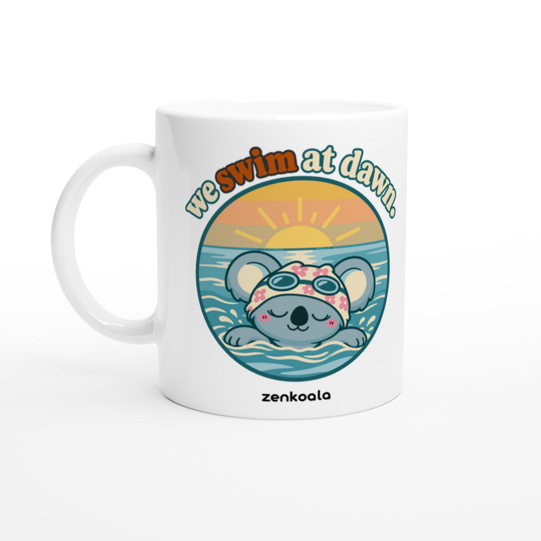 We Swim at Dawn mug in all white, Zen Koala Australia