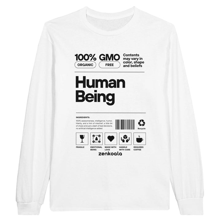 Human Being feel-good long sleeve tee in white: a food label for 100% human being, Zen Koala Australia