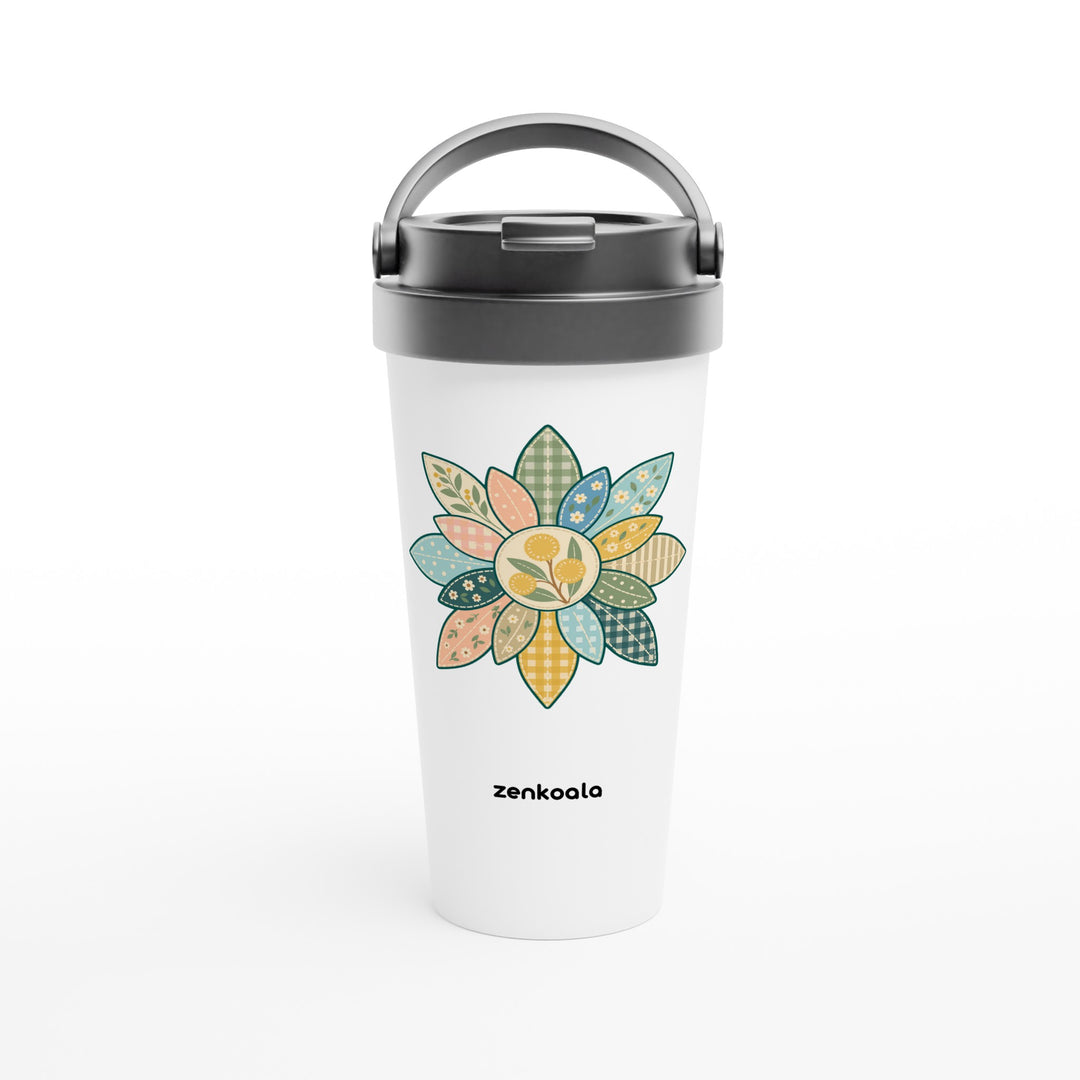 Wattle Mandala feel-good travel mug: a gum-leaf faux patchwork mandala, Zen Koala Australia
