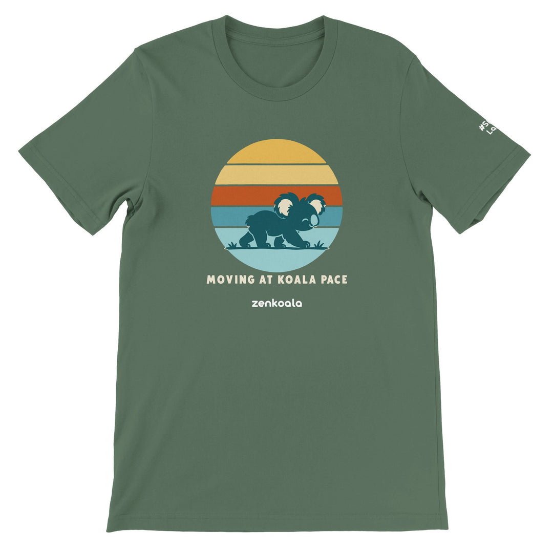 Moving at Koala Pace feel-good tee in military green, Zen Koala Australia