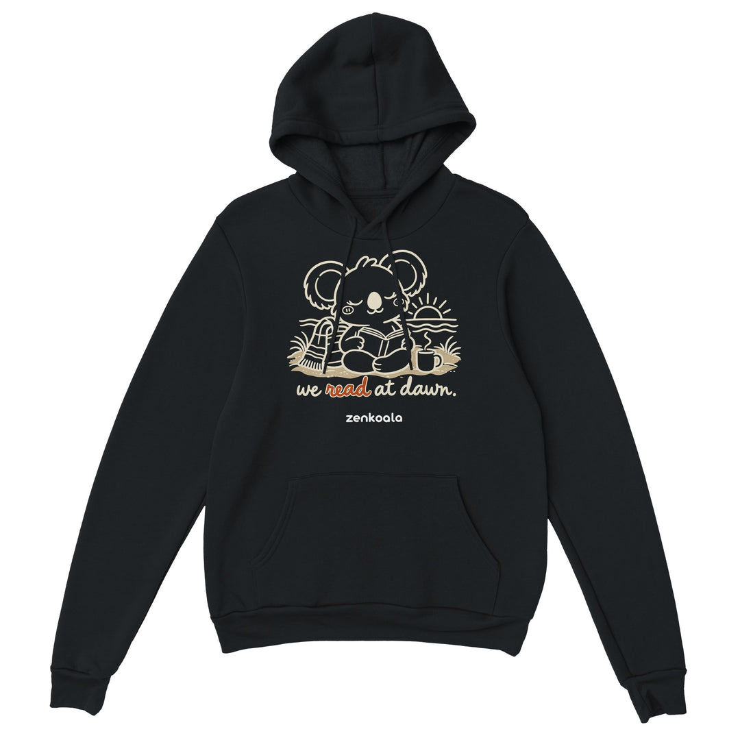 We Read at Dawn feel-good hoodie in black, Zen Koala Australia