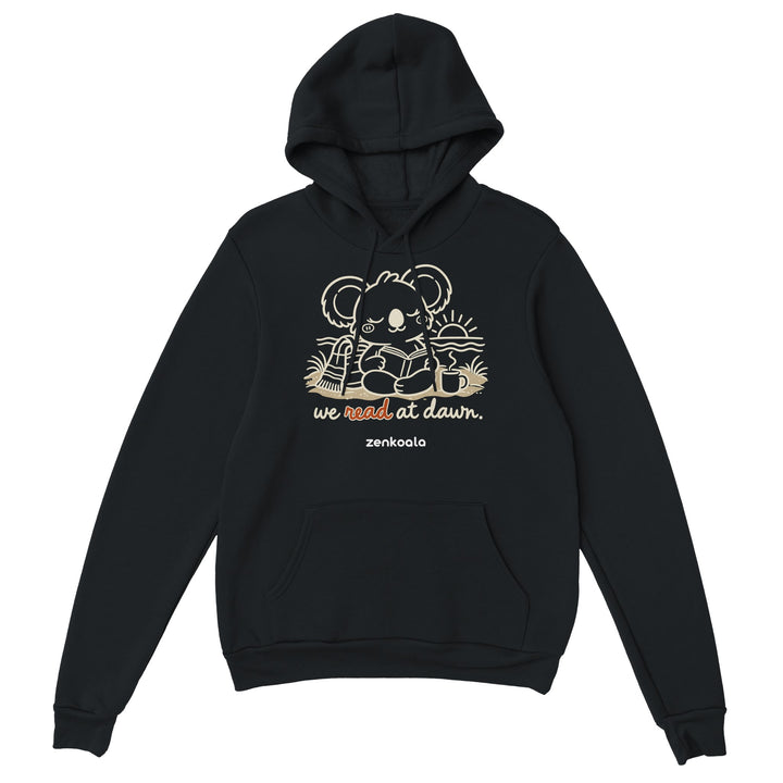We Read at Dawn feel-good hoodie in black, Zen Koala Australia