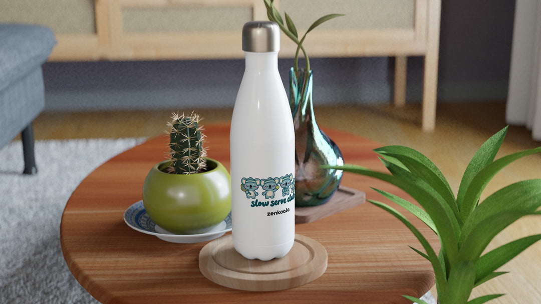 Slow Serve Club water bottle on a wooden table with a cactus, Zen Koala Australia